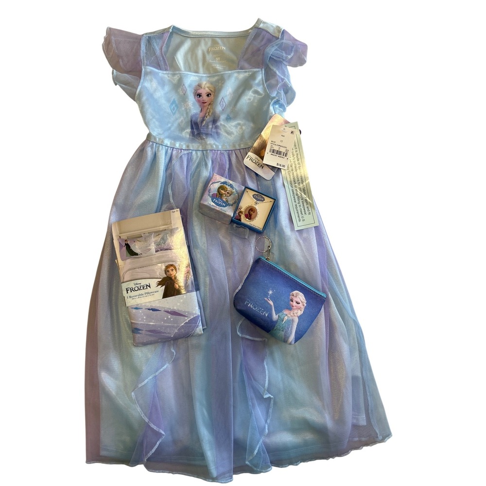 Disney‎ Frozen Elsa Nightgown Bundle 3T Pillowcase Necklace Purse New With Tags
